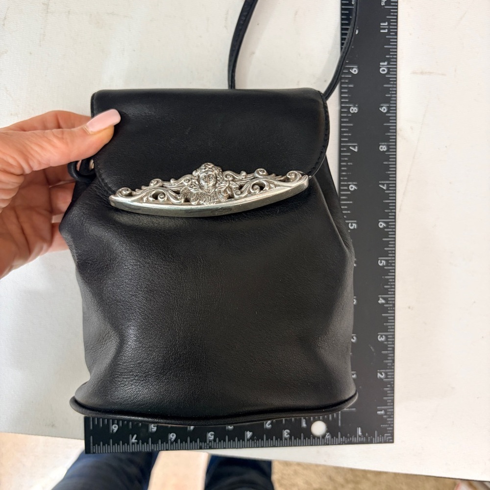 One World by Brighton Black Leather Drawstring Bag Crossbody with Silver Accent - Picture 8 of 9